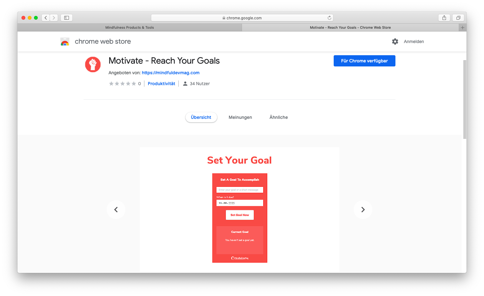 screenshot of the store entry of the motivate chrome extension